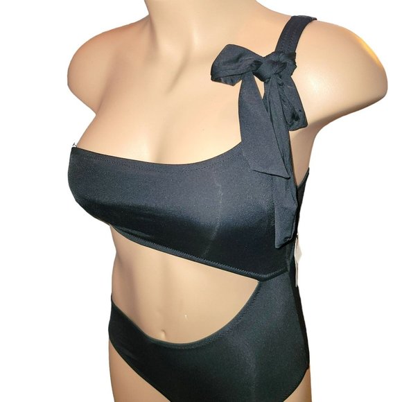 Shade & Shore Black Swimsuit Cheeky One Shoulder One Piece Bikini Medium Jj3400 - Picture 2 of 13